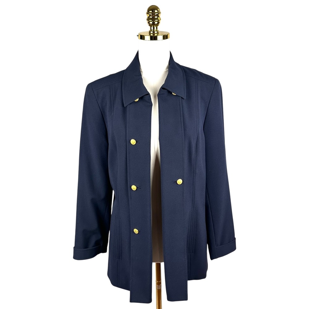 Jones Wear Stretch Navy Blue Blazer Jacket Size 10 Military Style Gold Buttons